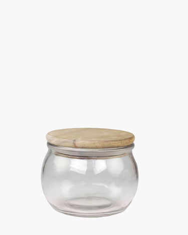 small storage jar with wooden lid on white background