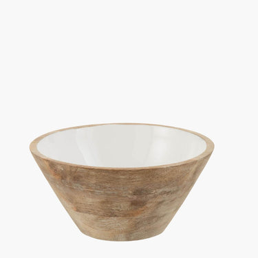 Mango wood bowl with white glaze inside on white background